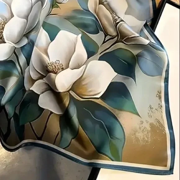 Elegant Multicolor Scarf w/ Large Magnolia Tree Flowers - Picture 6 of 13